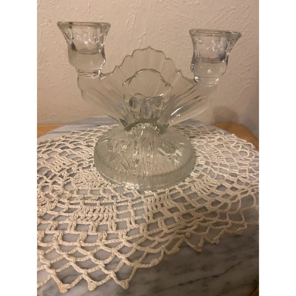 Vintage Jeannette Glass Iris and Herringbone Clear Double Candlestick Holder